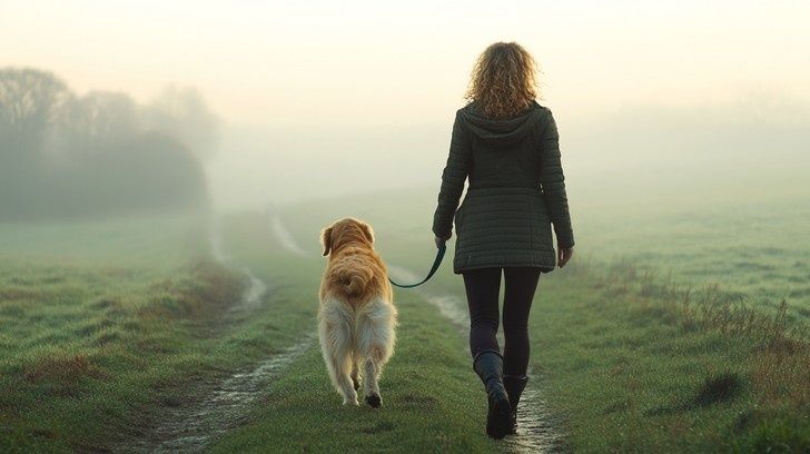 Hund och person promenerar på en fuktig stig i morgondimma