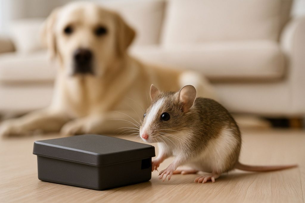 Musfälla med säker kåpa för att skydda husdjur och barn, placerad inomhus.