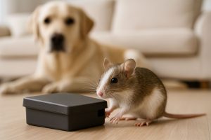 Musfälla med säker kåpa för att skydda husdjur och barn, placerad inomhus.